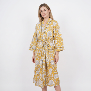 Bata Kimono de Algodón con Estampado Floral Hecho a Mano, Cuello en V, Vestido de Noche para Mujer, Estilo Saludable, Dama de Honor, Talla Única, Elegante y Suave - Product Image 1