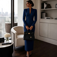 Robe midi moulante élégante de couleur unie, col montant, col en V cranté, manches longues, robe de bureau et de soirée pour femmes