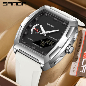 SANDA 6339 Montre unique de forme tonneau à grand cadran, montre-bracelet électronique de sport multifonctionnelle étanche avec heure mondiale - Product Image 3