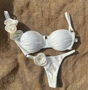 Sıcak satış stok beyaz 3D çiçek balenli mayo seksi kadınlar mikro brezilyalı tanga Bikini