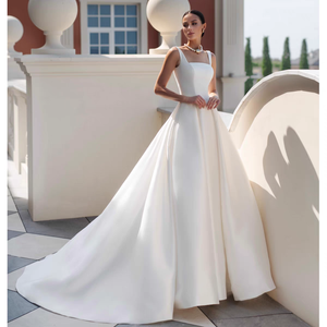 LY-WD0821 Abiti da Sposa per Spose, Gonna a Linea A in <span class=keywords><strong>Raso</strong></span>, Elegante Corsetto, Design Vintage, <span class=keywords><strong>Bianco</strong></span> Avorio, Taglia Personalizzabile - Product Image 1