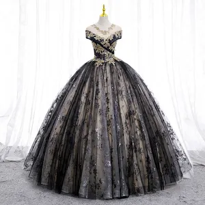 Maria Novia Luxury Black Shiny Quinceanera Dresses Sleeveless Ball Gown Princess With Gold Lace Vestidos De 15 Anos Quinceanera