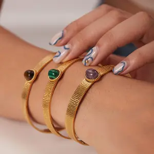 JINQI New Design Wholesale Vintage Style Gemstone Bangle Malachite Purple Agate 18K Gold Gemstone Women Bracelets Bangle