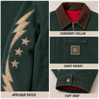 Veste décontractée pour homme avec logo personnalisé, en sergé de coton délavé, col en velours côtelé, fermeture éclair intégrale, poche poitrine avec appliqué, style workwear