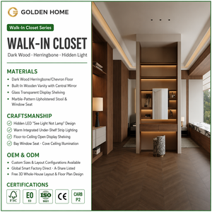 Armoire Walk-In |   Bois foncé en chevrons |   LED dissimulées pour vanité |   Étagères de présentation en verre |   Siège de fenêtre en <span class=keywords><strong>baie</strong></span> |   Restaurant d'hôpital - Product Image 1
