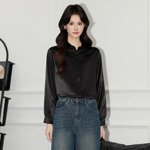 Women's <b>Satin</b> Shirt Long Sleeve Turn Down Collar Solid Color Office Wear Polyester Fabric Elegant Style Slim Fit <b>Blouse</b> - Product Image 3