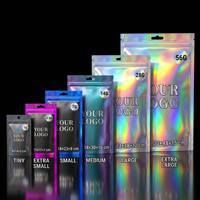 Pochette autoportante personnalisable en Mylar holographique brillant, effet arc-en-ciel, refermable avec fermeture éclair, 3,5g 28g, anti-odeur et anti-humidité