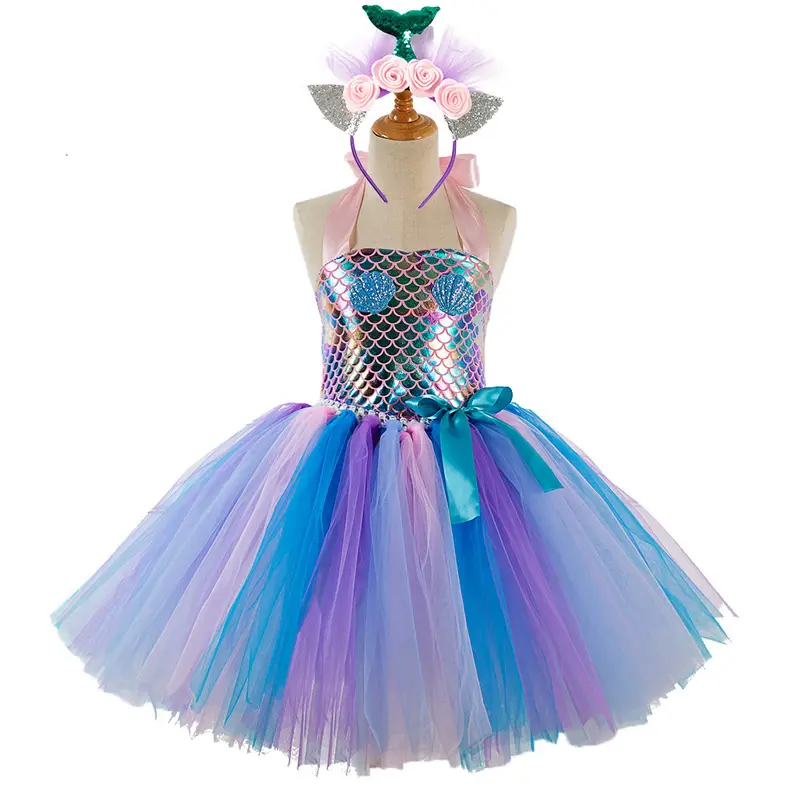 Lentejuelas capas sirena tutú cumpleaños hinchado vestido de baile princesa vestido de flores niñas vestido de princesa