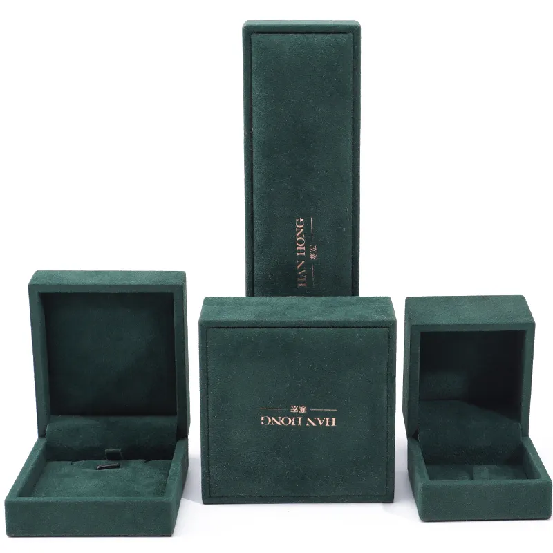 Scatola di imballaggio in plastica di gioielli di lusso Hanhong può stampare logo collana bracciale braccialetto di velluto verde scatola anello di gioielli