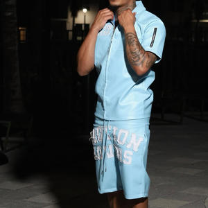 Oyalamak erkek deri şort takımı Zip up yaka kısa kollu T-shirt ve şort 2 adet deri eşofman takımı - Product Image 2