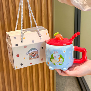 Taza de cerámica de conejo de rábano lindo Lelyi con tapa y cuchara diseño de dibujos animados taza de pareja para regalo de cumpleaños de un amigo - Product Image 4