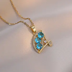 Chinese Style Blue Color Zircon Fan Shaped Pendant Titanium Steel Chain Necklace Jewelry Accessories for Women 2023