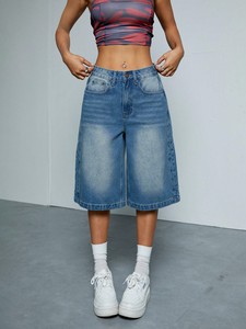 Shorts en <span class=keywords><strong>jean</strong></span> délavé bleu rétro pour <span class=keywords><strong>femme</strong></span>, coupe droite, style américain, décontracté et polyvalent, pantalon large, longueur cinq minutes. - Product Image 6