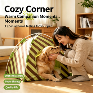 Striped Oxford Fabric Pet Tent <b>Bed</b> With Removable Faux Fur Pad For Dogs Indoor All Seasons Collapsible Design - Product Image 2