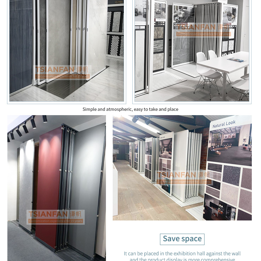 Showroom system floor-standing push-pull sliding metal tile sample granite marble quartz artificial stone display stand