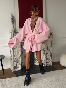 <span class=keywords><strong>Pull</strong></span> long uni simple européen et américain pour femmes, chemisier d'automne, col halterneck, lacets, col en V, mohair, manches longues, veste - Product Image 5