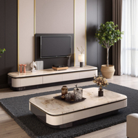 Ensemble de meubles flottants de luxe moderne en bois et marbre pour salon et chambre : meuble TV et table basse – Dernier design