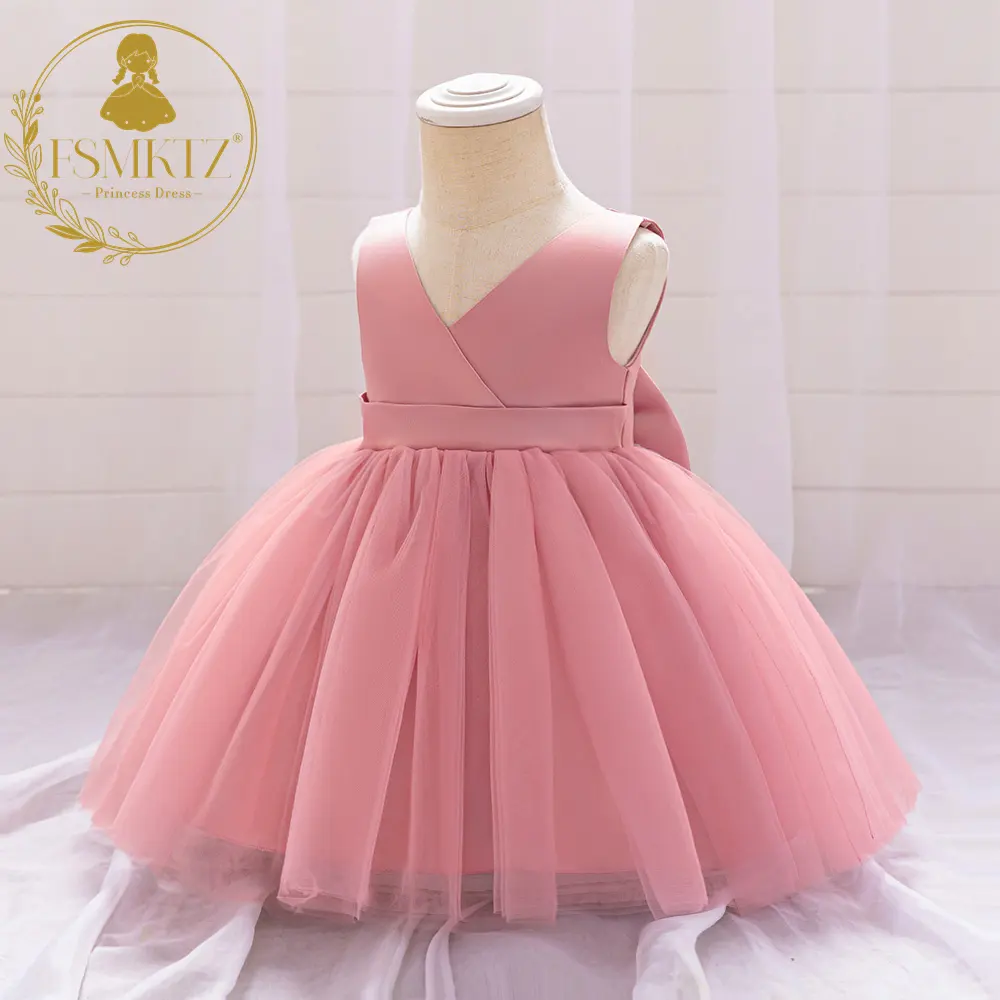 FSMKTZ V-neck Mesh Dress for Baby Satin Big Bow Girls Baptism Dress Formal Kids Communion Party Pink Clothing