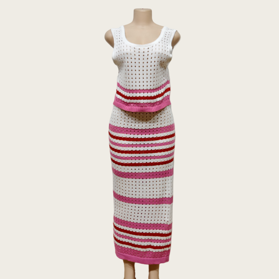 Summer Women's New Knitted Dress 2 Pieces-set Collar Striped Hollow Suit  Short Style Vest Slit Long Skirt Female| Alibaba.com