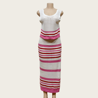 Nouvelle robe en tricot pour femmes d'été, ensemble 2 pièces, col rayé, costume creux, style court, veste fendue, jupe longue pour femmes