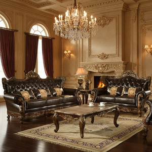 Conjunto de Sofás de Sala de Estar em Couro Genuíno Europeu e Madeira Maciça, Conjunto de Sofás Tradicional Esculpido à Mão 1+2+3 Lugares - Product Image 1