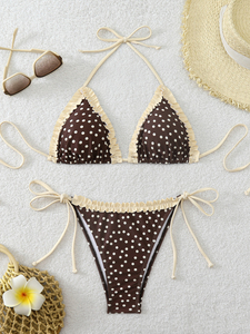 Women's 2026 Polka Dot Lace Trim Triangle <b>Bikini</b> Set Cute Sexy Tie Strap Push-Up 2-Piece Swimsuit Beach Vacation Swimwear - Product Image 1