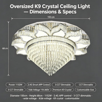 Plafonnier LED surdimensionné en cristal K9 150cm 1152W, contrôle APP 2.4G, 3 CCT, intensité variable, 110V/220V, doré, moderne, pour hôtels, villas et salles à manger