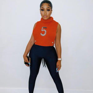 K21l09654 Solid Color Embroidered Sleeveless T-shirt Knitted <strong>Turtleneck</strong> Tube <strong>Top</strong> Hollow Out Women <strong>Crop</strong> <strong>Top</strong> - Product Image 3