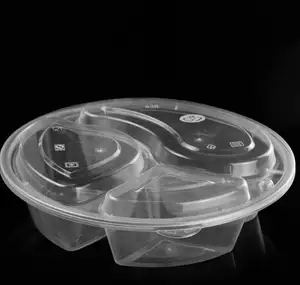 Round pp plastic food container 3 compartment divided with lid compartmental food container