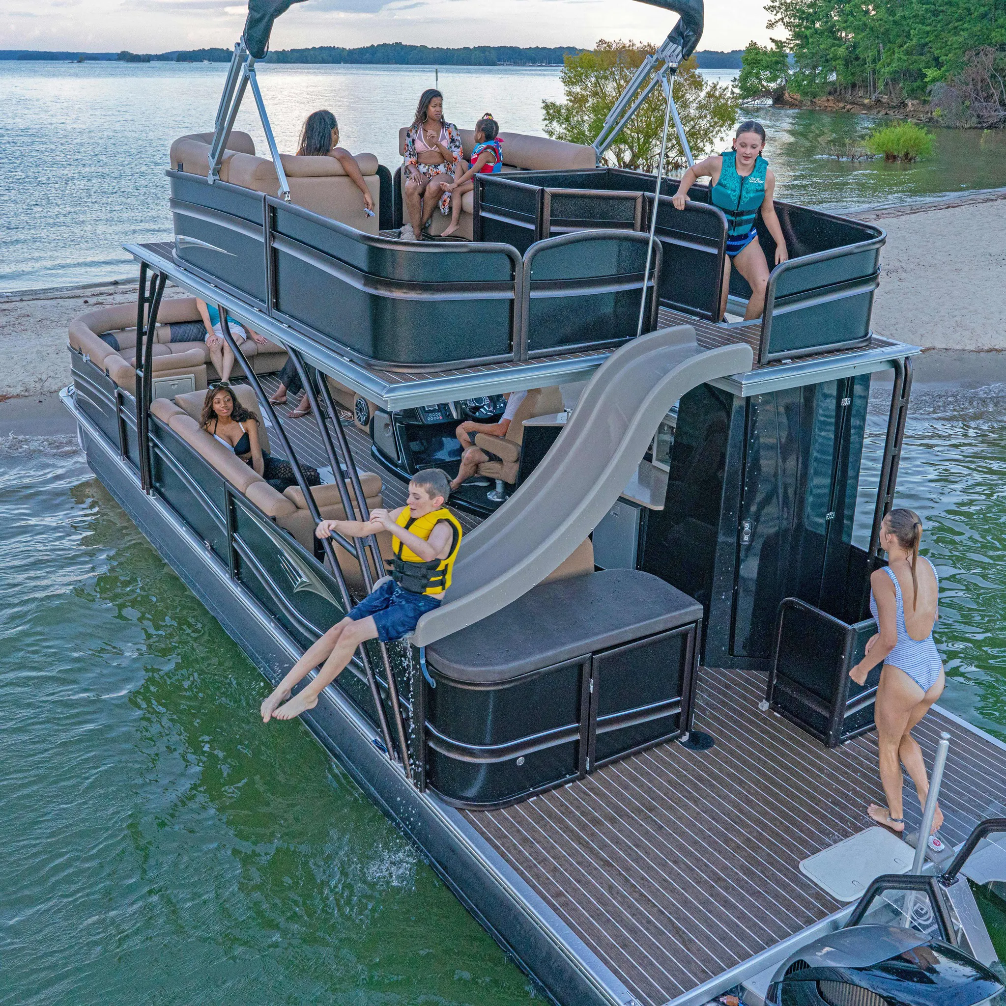 Kinocean 2023 Luxury Family Party Double Decker Pontoon Boat With Bathroom And Slide For Sale