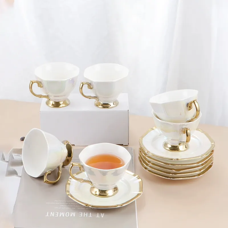 European style simple gold-plated Porcelain Coffee Mug and saucer sets Ceramic Creative Coffee mugs Set tazas