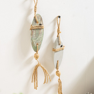 Mediterranean Style Oval Wood <b>Wall</b> Hanging <b>Decor</b> Green And Gray With Rope Tassel Home <b>Decor</b> - Product Image 3