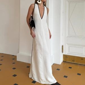 Nuevo Diseño de Primavera, Vestidos Elegantes de Alta Calidad, Vestidos de Noche Modernos, Vestido Largo Sexy con Cuello en V Profundo, Vestido de Lino para Mujer - Product Image 1