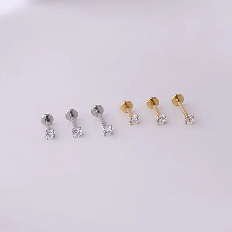 Clou à lèvres Labret en acier inoxydable avec filetage interne, pour Piercing, bijoux en or, Cz rond, 3MM, 16gx 6/8/10mm, 1 pièce