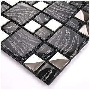 银色黑色水晶玻璃马赛克瓷砖镀银玻璃瓷砖厨房墙壁设计瓷砖后挡板装饰