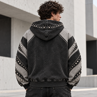 Sweat à capuche zippé personnalisé avec clous, en molleton de coton épais, avec panneaux en strass, pour homme, style streetwear