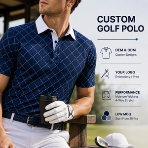 Custom <b>Navy</b> Plaid Golf Polo Shirt Mens Check Print Performance Moisture Wicking Stretch OEM ODM Private Label Manufacturer - Product Image 1