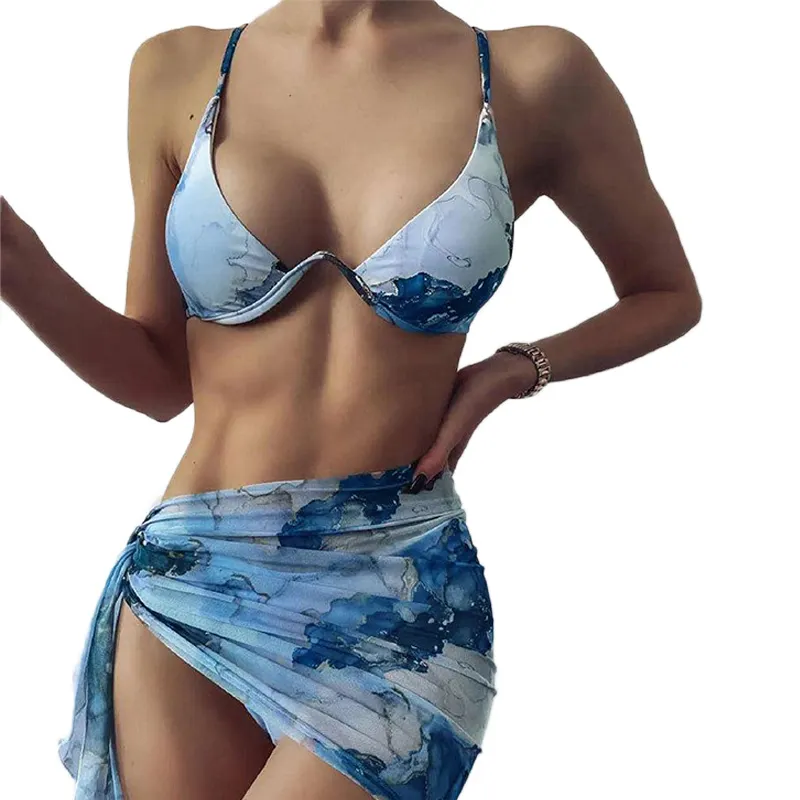 Falda de malla personalizada para mujer, conjunto de tres piezas de Bikini con Tanga, ropa de baño, Bikinis y ropa de playa