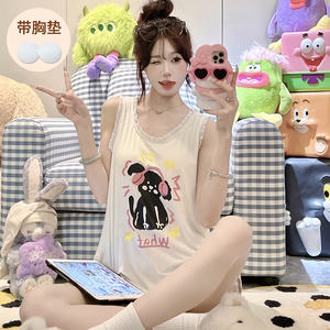 <strong>Pyjamas</strong> Summer Modal <strong>Vest</strong> <strong>Top</strong>. Bubble Wrinkle Shorts Suit Pajamas Women's Strap Fixed Chest Pad for Outer Wearing - Product Image 2