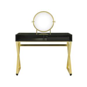 Modern Solid Oak Wood Makeup <b>Vanity</b> Desk with Removable Mirror Black & Gold Finish Bedroom Furniture - Product Image 5