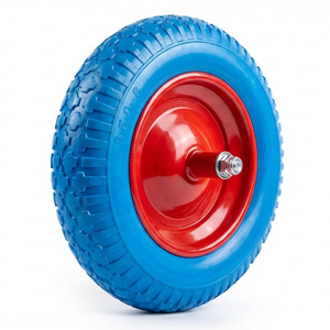 ล้อรถเข็น PU1414 ขนาด 14x3.50-8 แบบไม่ต้องเติมลม ขนาด 14 นิ้ว สีฟ้า ยางโฟม PU ขอบเหล็กสีแดง รูเพลา 1/2 นิ้ว อะไหล่รถเข็นสวน รถเข็นมือ - Product Image 2
