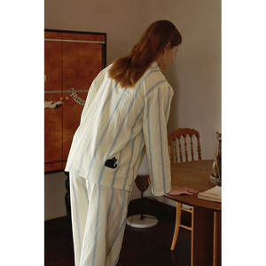 Ensemble de pyjama en pur coton brossé pour couples, imprimé rayé, poche, broderie panthère, vêtements de détente à manches longues amples et décontractés - Product Image 5