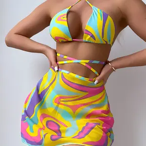 Bikini 2023 Hot Sale Three-piece Swimwear Beachwear Sexy Allover Print Mesh Beach Dress Bikini Set