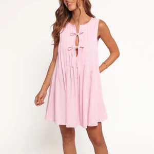 Vestido de Lino Casual de Verano 2025, Nuevo, con Lazos Delanteros, Plisado, Mini Vestido de Playa - Product Image 3