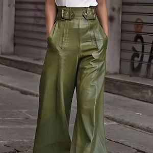 Pantalones Cortos Anchos de Piel Sintética Transpirable a Cuadros de Secado Rápido para Mujer, Estilo Urbano, Cintura Media Elástica de PU - Product Image 2