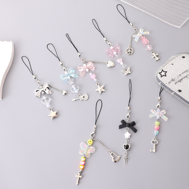 Y2K Beaded Phone Strap Kawaii Bow Heart Butterfly Charms Aesthetic Handmade Phone Lanyard Jewelry Women Girls New Color Chain