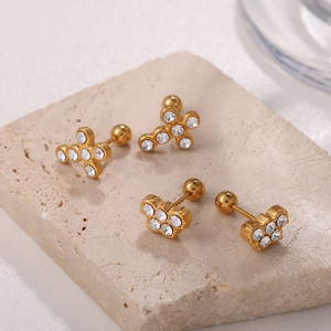 ต่างหูสแตนเลสชุบทอง 18K ประดับด้วยไรน์สโตนรูปทรงกากบาทเครื่องประดับแฟชั่นสำหรับผู้หญิง - Product Image 2