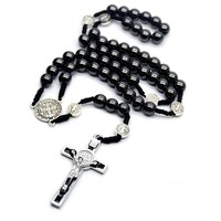 Collier chapelet en hématite 8 mm, perles en forme de boule, cordon Benedict, plaqué argent antique, noir