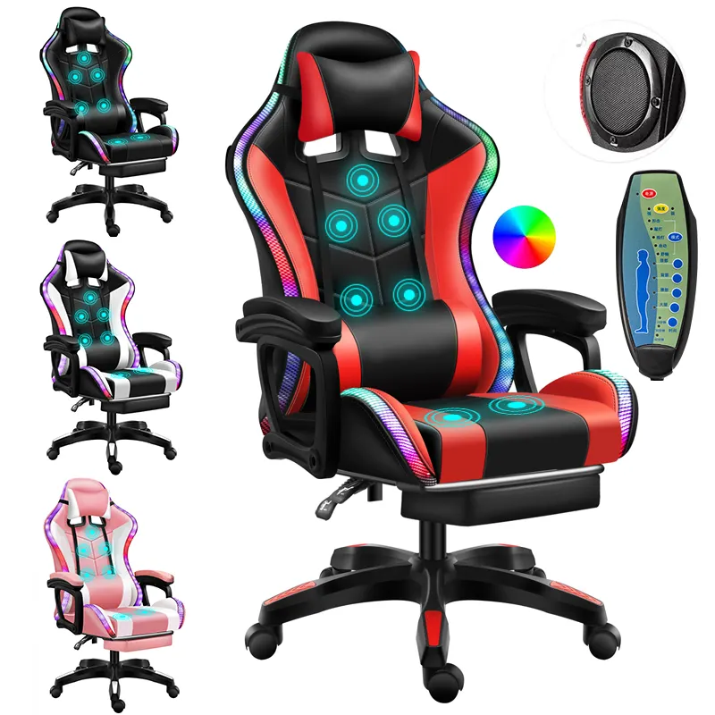 Échantillon gratuit Fauteuil de jeu Sedia RGB Racing Gamer en cuir inclinable avec repose-pieds et massage