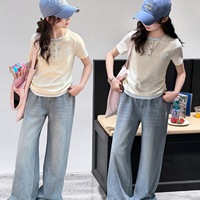 Ensemble de vêtements d'été pour enfants 2026 – T-shirt beige à manches courtes pour adolescentes + Jean scintillant – Tenue décontractée 2 pièces